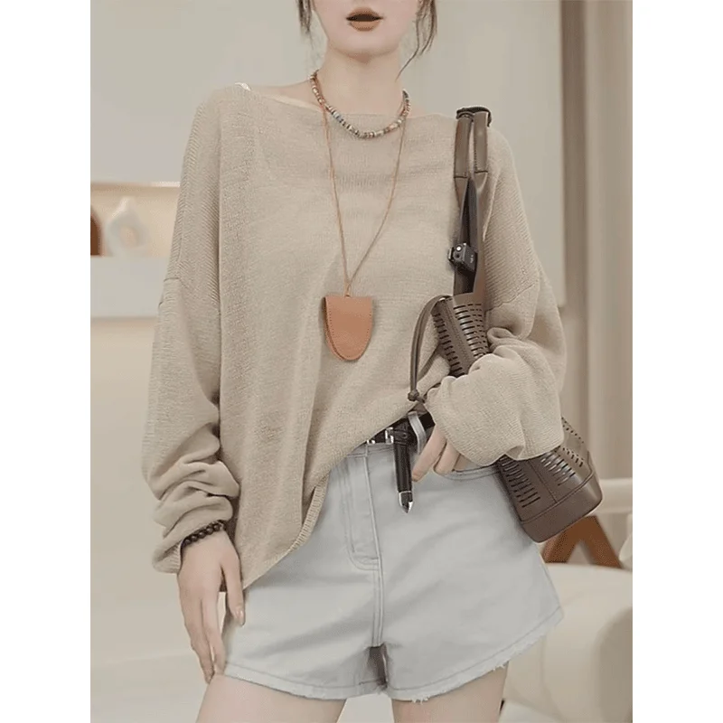 

Элегантный ажурный тонкий вязаный топ с длинным рукавом для женщин, защита от солнца, модная универсальная модель, осень 2026