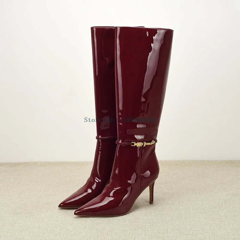 

Red Patent Leather Metal Decoration Boots Sexy Pointed Toe Stiletto Laser Shining Over New Arrivals Fashion Womem Moderm Boots