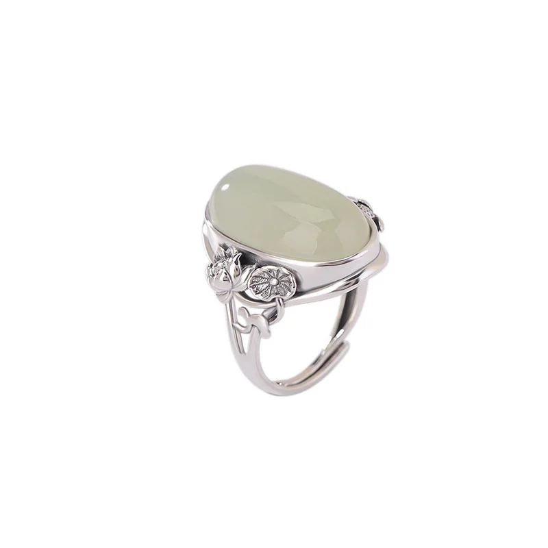 

Literary Retro Lotus Ring Chinese Imitation Hetian Jade National Tide Jewelry Resizable Fondle Admiringly Women Gift Proposal