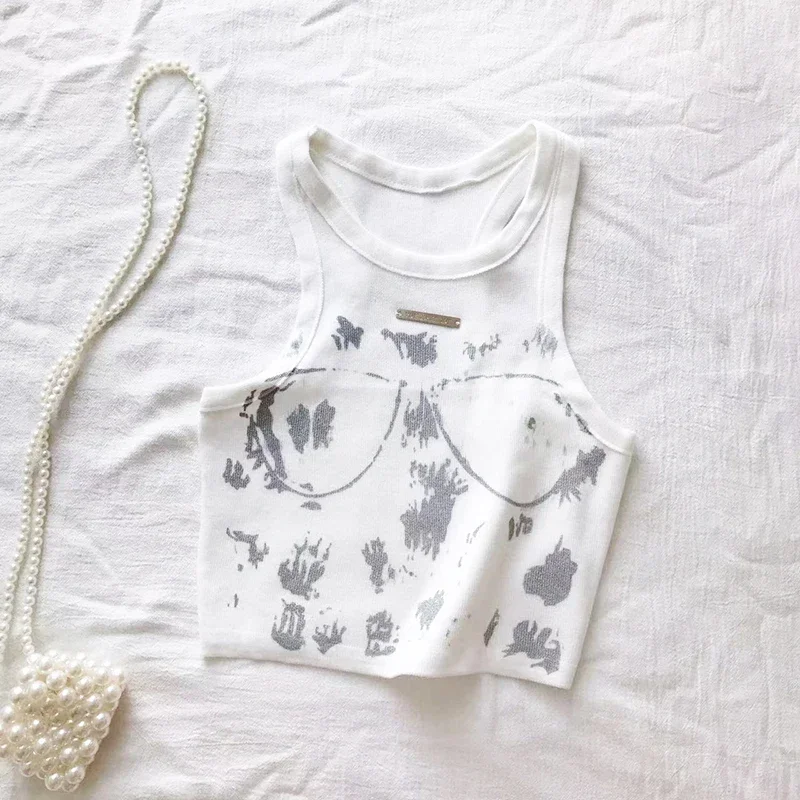 

Elastic Punk Print Vest Colorblock Tank Top Camis Knitted Casual Sleeveless Crew Neck Top Women's Clothing Crop Top Outfits
