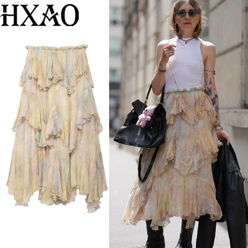 HXAO Print vrouwen Rok Zomer Ruche Lange Rokken Voor Vrouwen Plooien Gelaagde Midi Rok Fee Tule Asymmetrische Vrouwelijke Rok