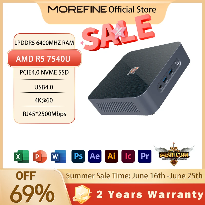 MOREFINE S500 AMD Ryzen Mini PC R5 7535HS R5 7540U Windows11 Pro Dual LAN NVMe SSD Gaming PC HD DP Type-C WiFi Desktop Computer