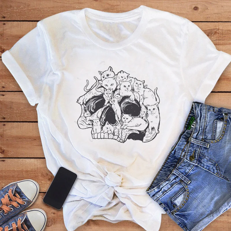 Женская футболка с коротким рукавом и принтом кошек, в стиле 90-х