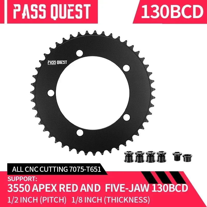 PASS QUEST-Fixed Gear Chainwheel, 130BCD, Ground Cog, Road Bike, Narrow Wide Chainring, 46-58T, Black