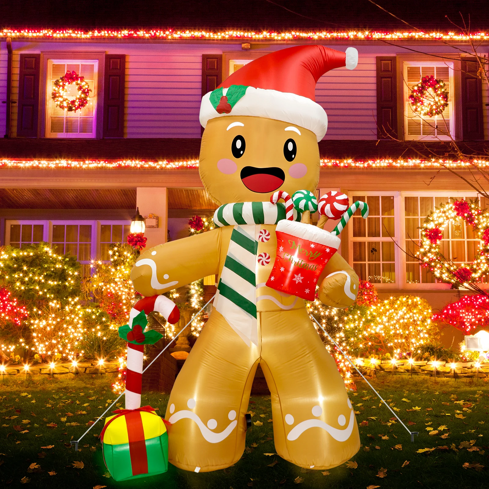 8FT Christmas inflatable decoration, cute gingerbread man holding gifts, suitable for indoor and outdoor lawns and gardens.