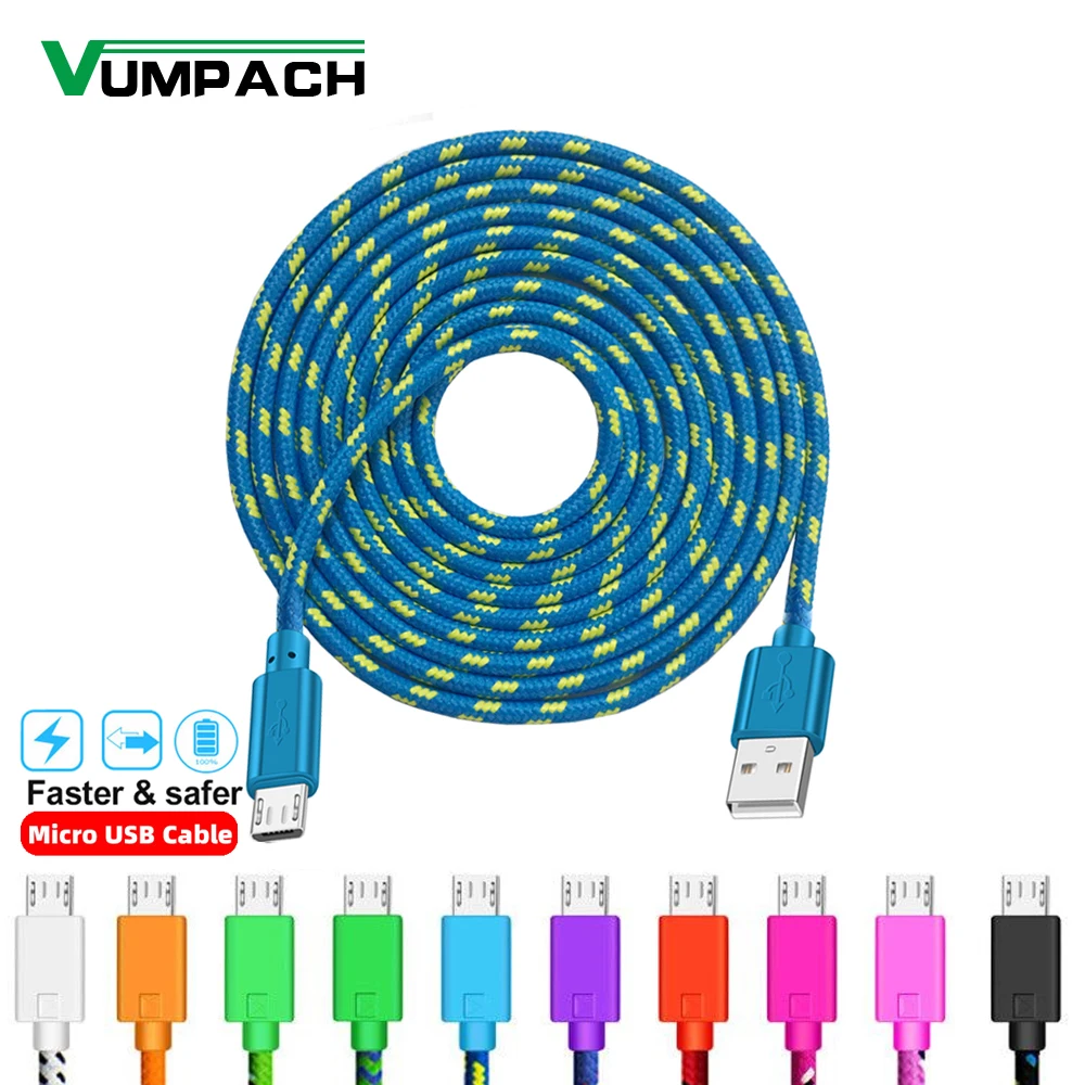 Vumpach Nylon Braided Micro USB Cable 1m/2m/3m Data Sync USB Charger Cable For Samsung HTC LG Huawei Xiaomi Android Phone Cables