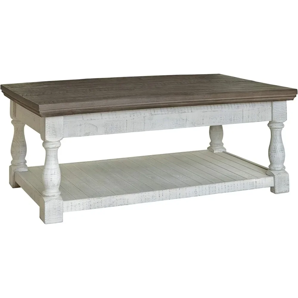 Table basse élévatrice avec étagère partenaire et 2 plateaux de rangement cachés, gris et blanc, finition patinée, ferme