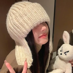 Korea Beanie for Women Hat with Earflaps Japanese Outdoor Warm Coarse Knit Winter Hat  Long Tied Rope  Bomber Hats Pilot Cap