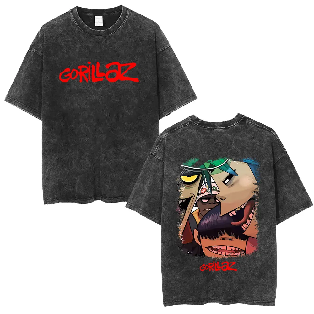 

Washed Vintage Rock Band Gorillaz Double Sided Print T-shirt Men Women Clothing Hip Hop Fashion Short Sleeve Oversized T Shirts