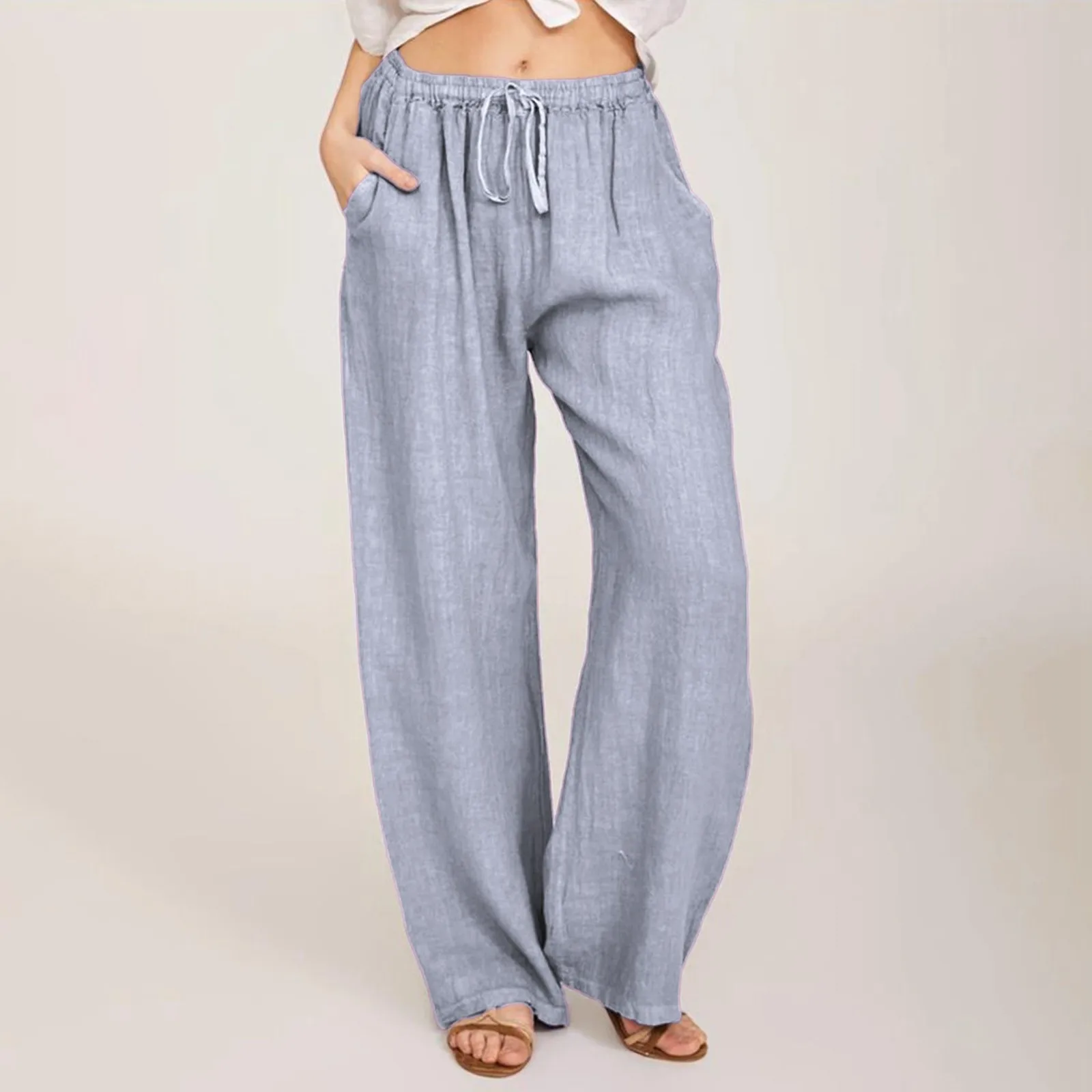 Women Solid Color Cotton Linen Pants Fashion Harajuku Trousers Girl Oversized Wide Leg Pants Loose Elastic Waist Jogger Pants