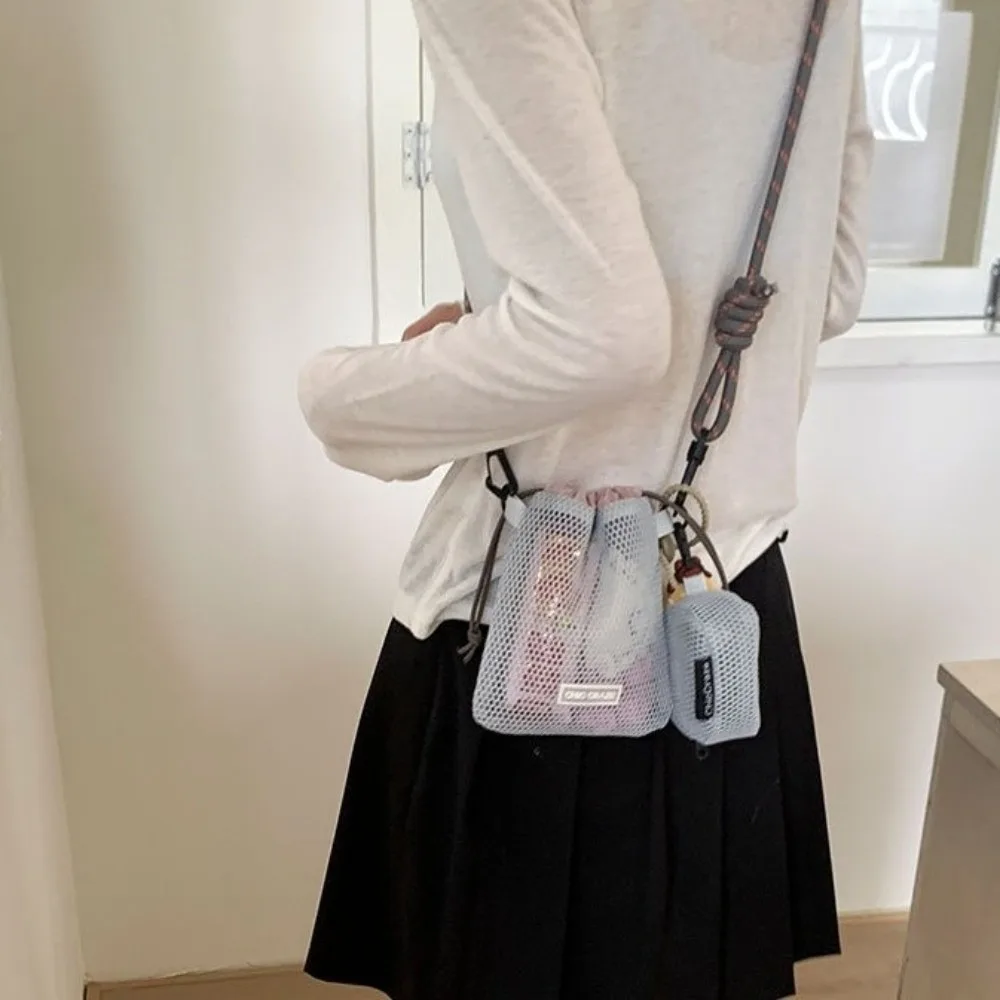 

Portable Drawstring Nylon Mesh Bag Korean Style With Purse Mesh Shoulder Bag Solid Color Wallet Phone Bag Outdoor