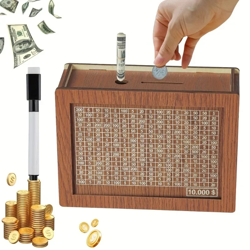 $10,000 Cash Vault Wooden Savings Box, Wooden Cash Savings Box, Adult Savings Box Coin Counter - Money Goals and Figures