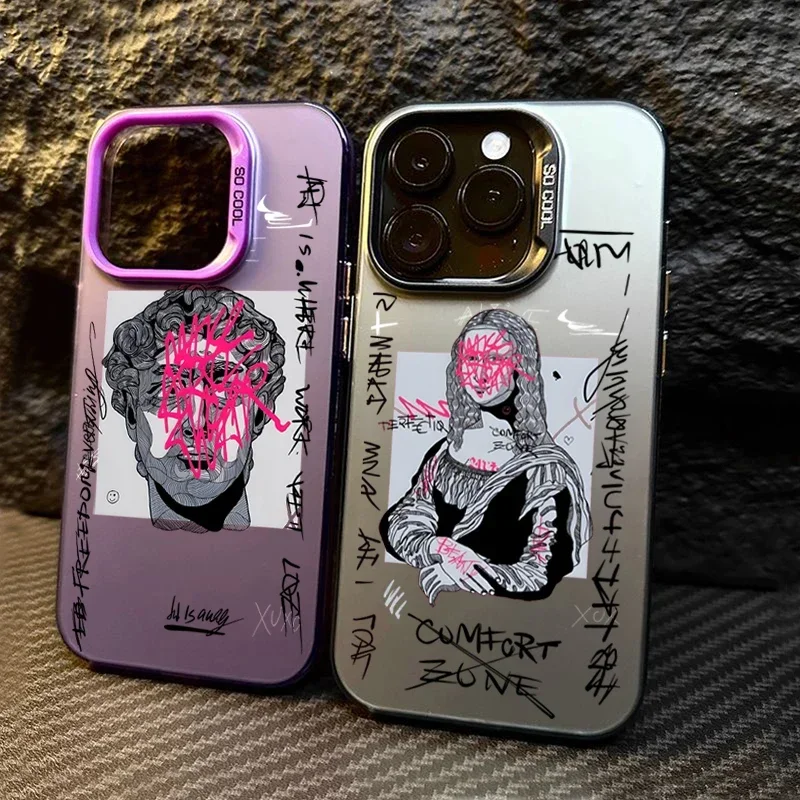 Great Art Aesthetic David Mona Lisa Electroplated Phone Case For iPhone 11 12 13 14 15 Pro Max XS XR X 7 8 Plus Matte Hard Cover