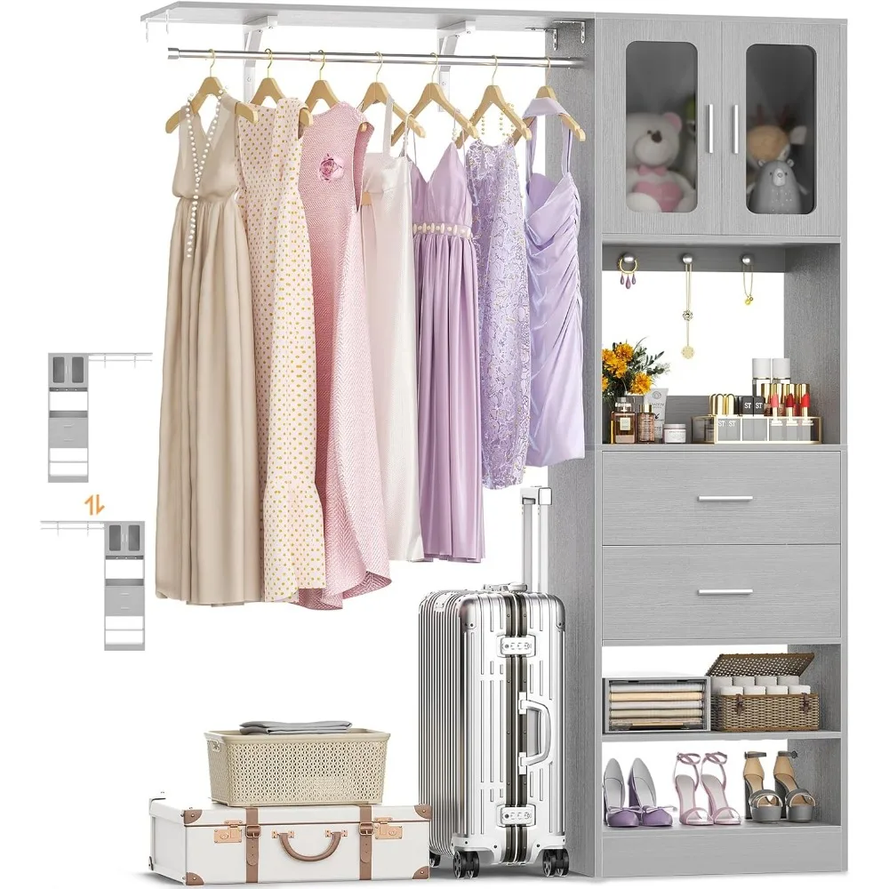 Closet Organizer System Tower with Big Wing Shelf, 60 Inch Reversible Walk in Wardrobe System with Hanging Rods, Drawers, Door