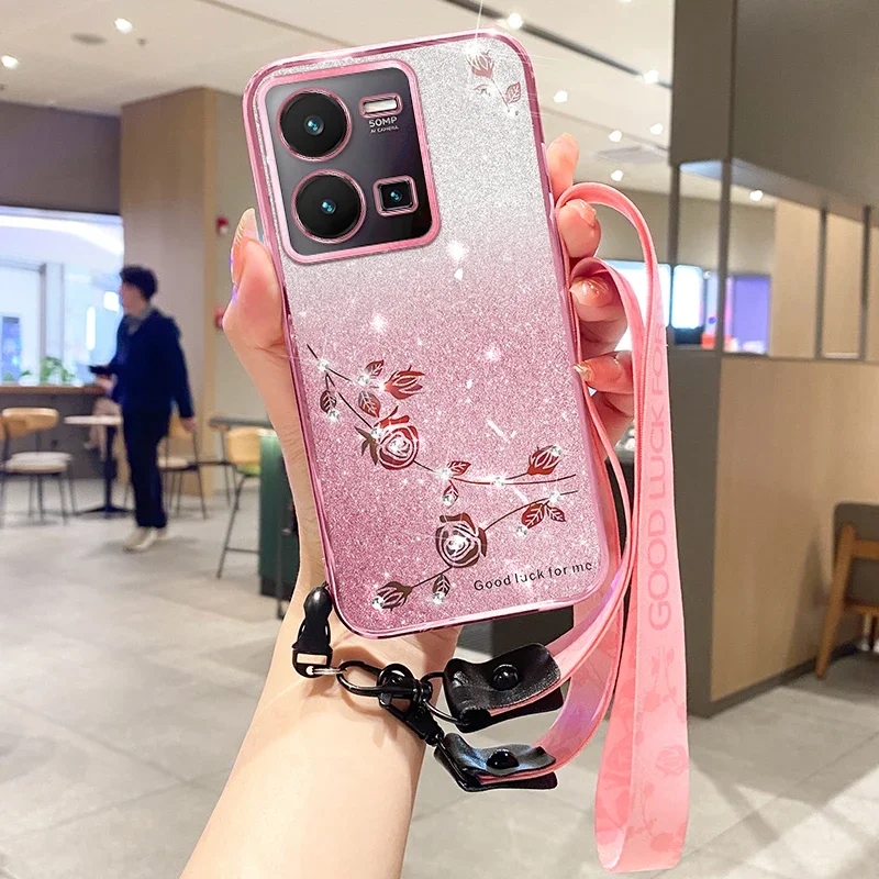 Glitter Loose Powder Phone Case For Vivo V25E Y22S Y76 Y21 Y33S Y20 Y16 Y02 Y12S Y77 Y75 Y55 Y35 V23 Y22 Y20i Lanyard Soft Cover