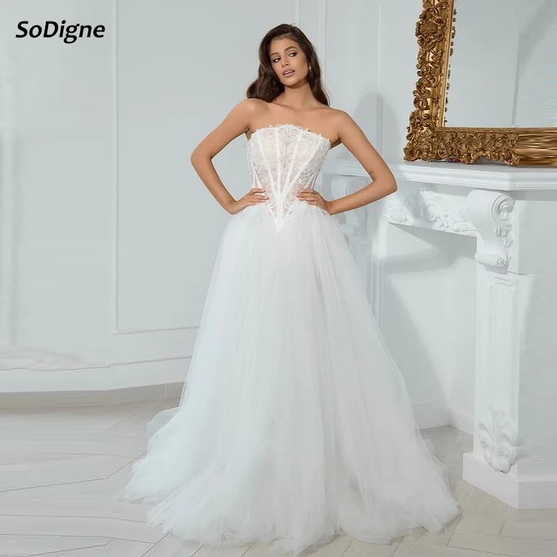 

SoDigne A-line Tulle/Lace Bride Dresses Strapless Sleeveless Wedding Dress Long Bridal Gowns Robe De Mairee Customized