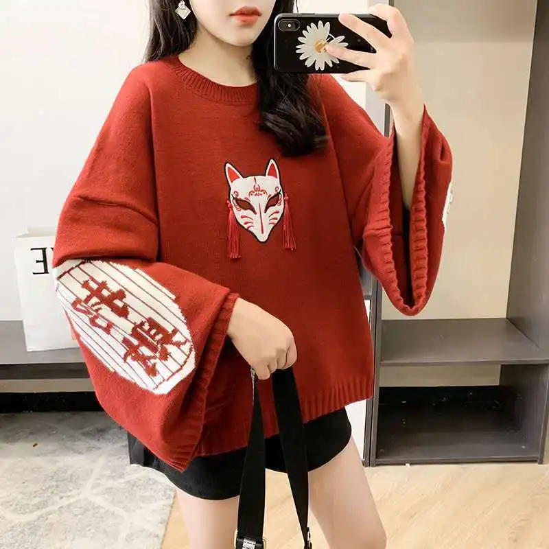 Fashion Cat Rice Pattern Embroider Knitted Sweater Women O Neck Long Sleeve Warm Sweater Autumn Spring 2022 New Solid Ladies Top