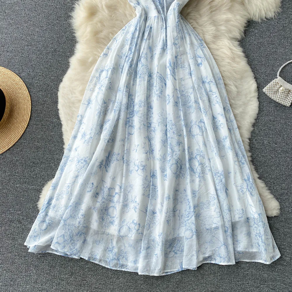 Vestido de Verano con Estampado Floral, Cuello Cuad, Estilo Retro, Cintura Ajustada, Manga Corta, Línea A, para Mujeres J...