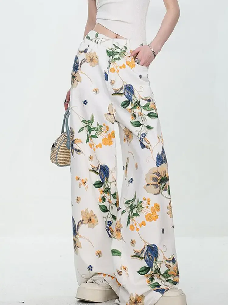 China-Chic Vintage Flower Printed Jeans for Men and Women Spring and Autumn 2025 New Loose Draping Wide Leg Floor Pants