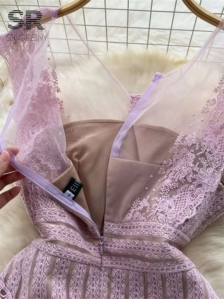 BabYoung Senior Spitze Splice Mesh Frauen Sommer Ärmellose O Neck Zipper Design Damen Schlank Temperament, Figurbetontes Kleid