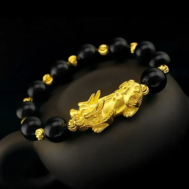 

9999 Real Gold 24K Gold Lucky Pixiu Bracelet Men's and Women's Bracelet Black Agate Bracelet Couple