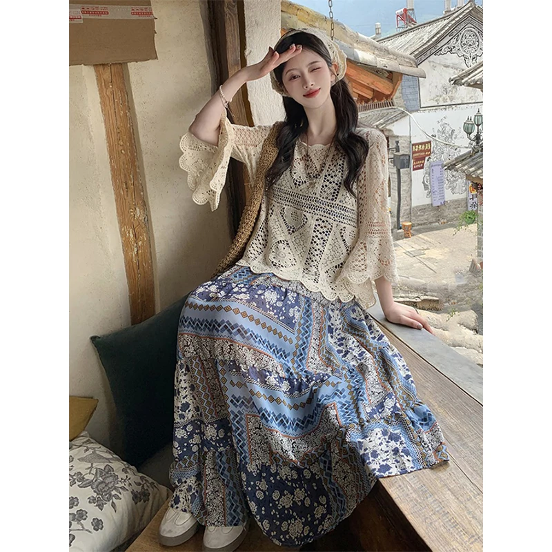 

N Maxi Dr Set Летний винтажный дизайн Sensation Vaion Платье на бретельках Юбка-трапеция Выдалбливают колокольчик Све круглое Ne