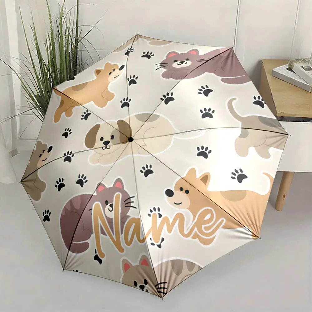 Custom Name Umbrella Cute Pets and Paw Prints Umbrella Design Print 8 Iron Ribs Folding Umbrella Auto-Open Fashion Sunshade