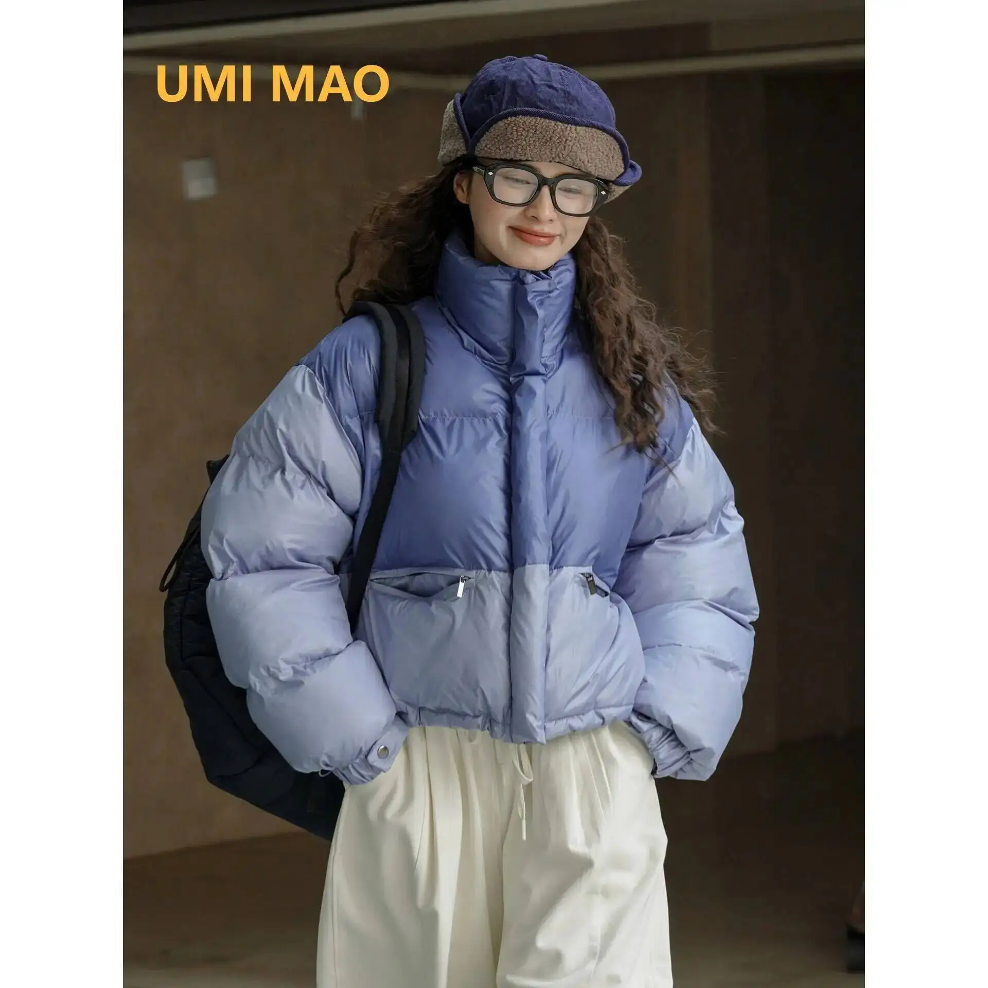 

UMI MAO Patchwork Contrasting Color Bread Cotton Jacket Winter New Korean Stand Up Collar Loose Slimming Warm Coat Women