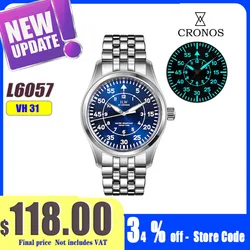 Cronos Pilot Flieger Mechanical Men Watch 39mm Stainless steel Super Lum Domed Sapphire Crystal 5links Bracelet L6012