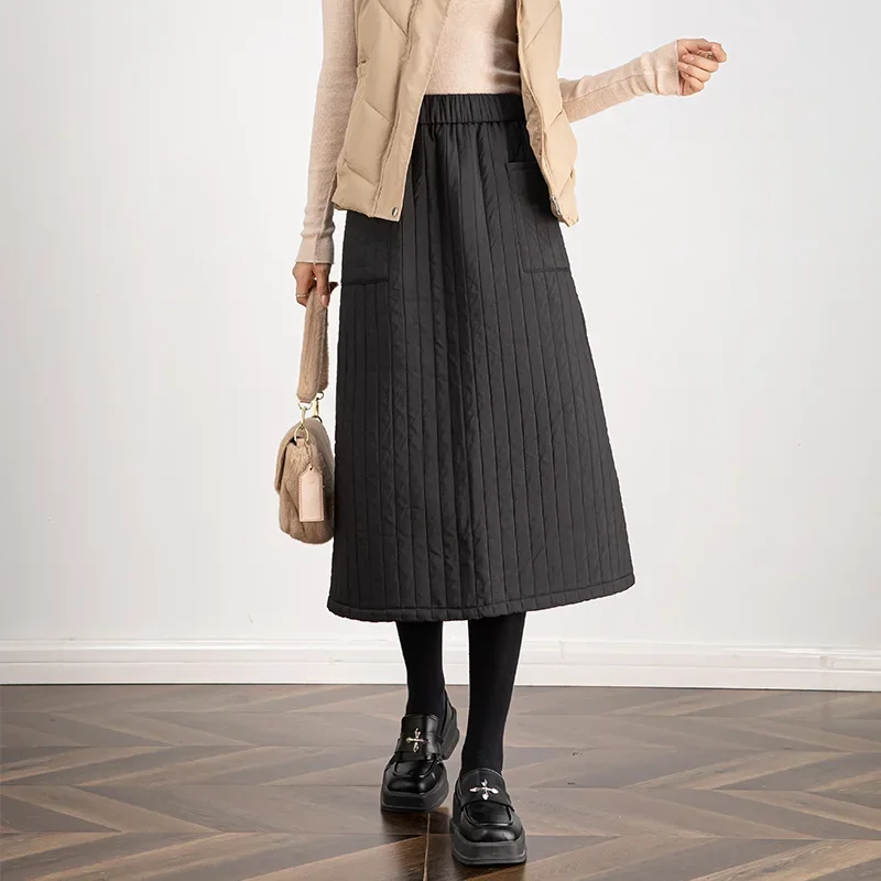 Elastic high-waisted cotton jacket cotton mid-length half-body skirt women vertical stripes cotton thickened seven A-line skirt