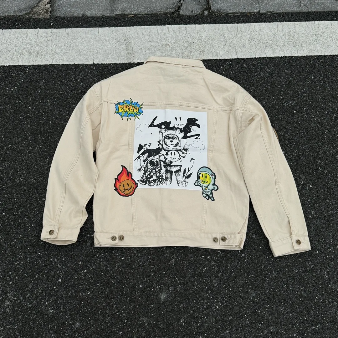 Drew House Smiley Face Inkjet Reverse Print Flocked Allover Denim Jacket