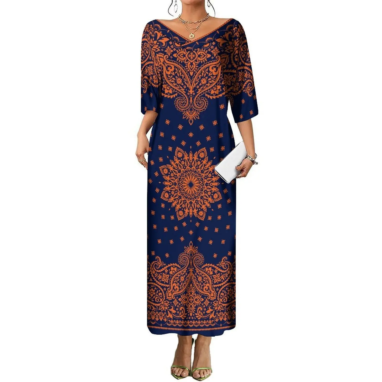 

Custom-Made V-Neck Mid-Sleeved Loose Long Dress For A Hawaiian Lady A Bandana Casual And High-End Party Dress