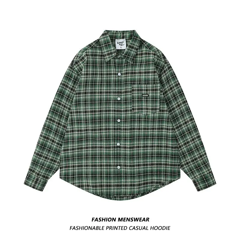 BEIANJI brand fried street American contrasting color plaid printing summer new men and women couple casual long-sleeved shirt