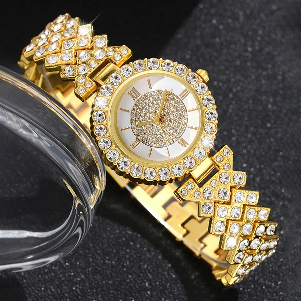 6PCS/Set Women\'s Watch Fashion Rhinestone Roma Dial Quartz Watch Steel Band Wristwatches Diamond JewelrySet