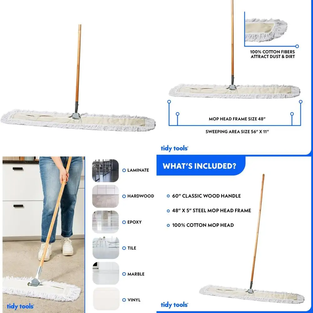 

Industrial Cotton Dust Mop for Hardwood Floors, 48 Inch Floor Sweeper with Wooden Handle, Heavy-Duty Dry Mopping Solution