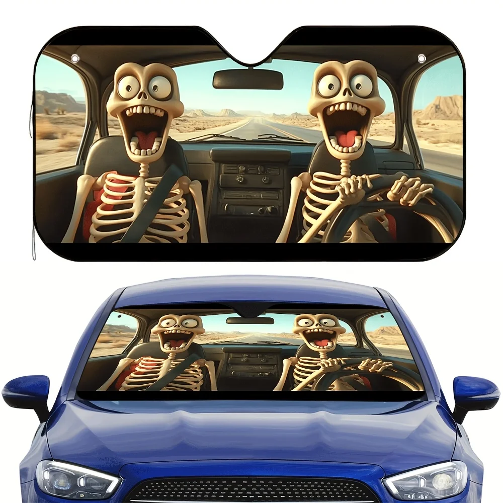 1pc Halloween Skeleton Road Car Sunshade – Fun Cartoon Design, Heat Protection, Easy Setup With 4 Suction Cups, Foldable For Com