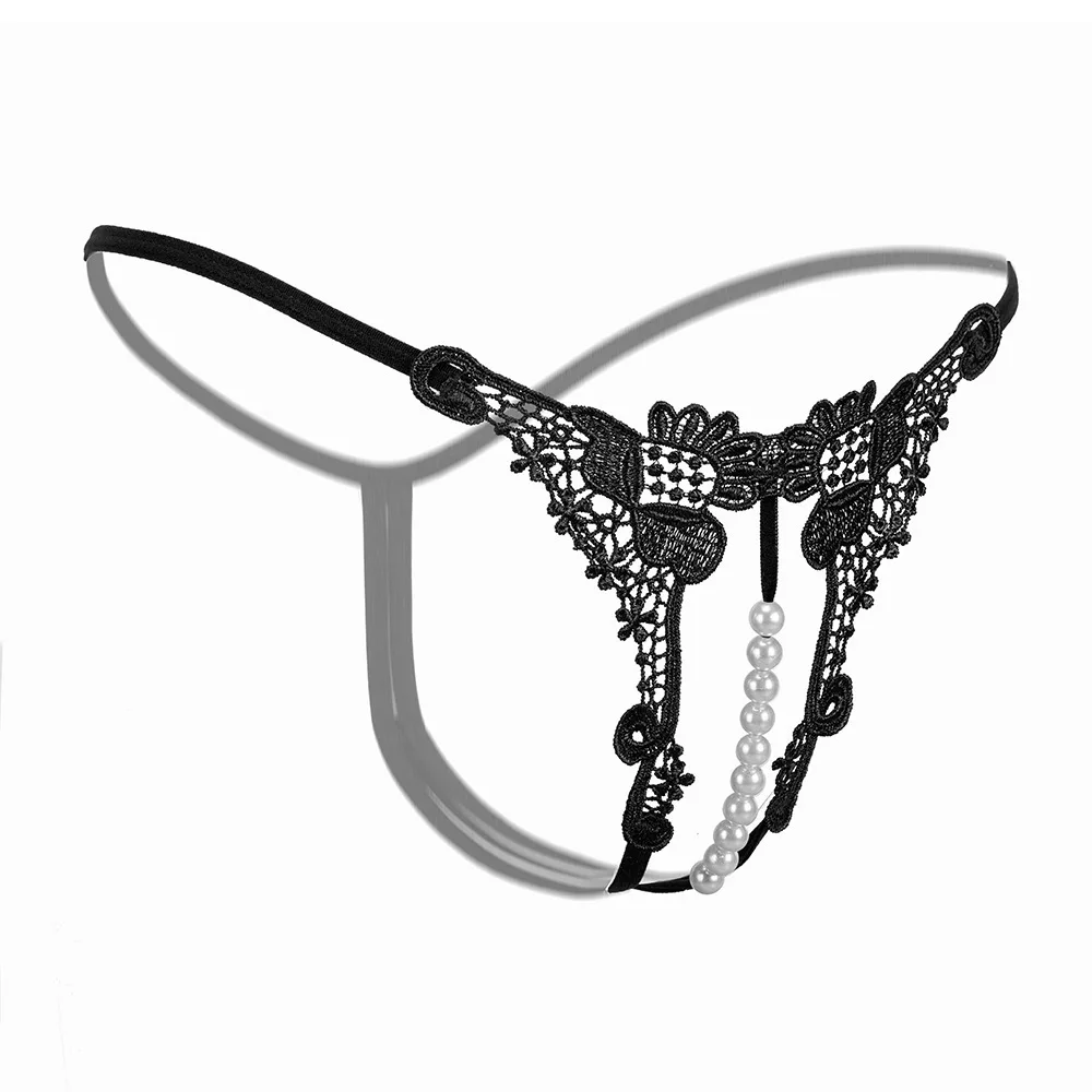 Women's Embroidered Thong Low Waist Wide Leg Design Open Back Underwear with Decorative Pearl Transparent Design