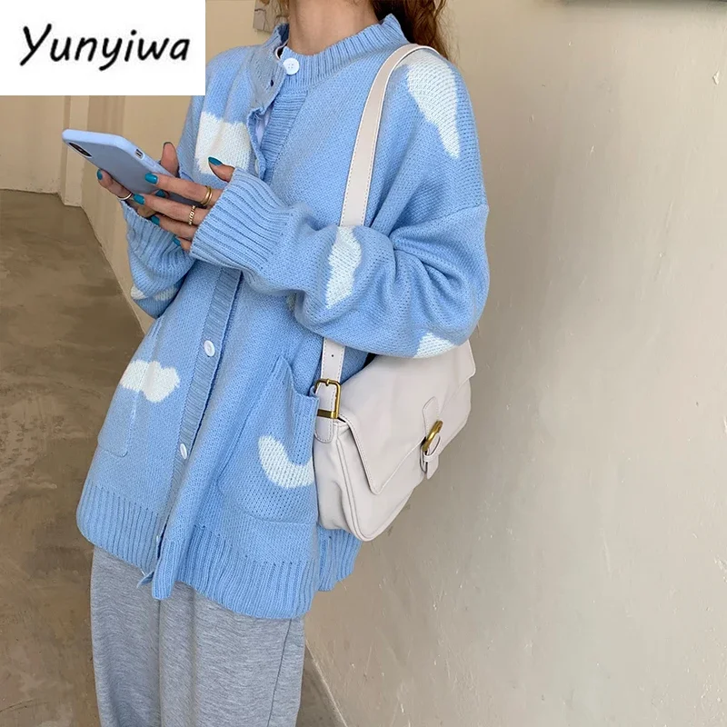 Japanese Kawaii Harajuku Cardigan Women Cloud Print Korean Loose Blue Sweater Coat All Match Knitted Cardigans Jumper
