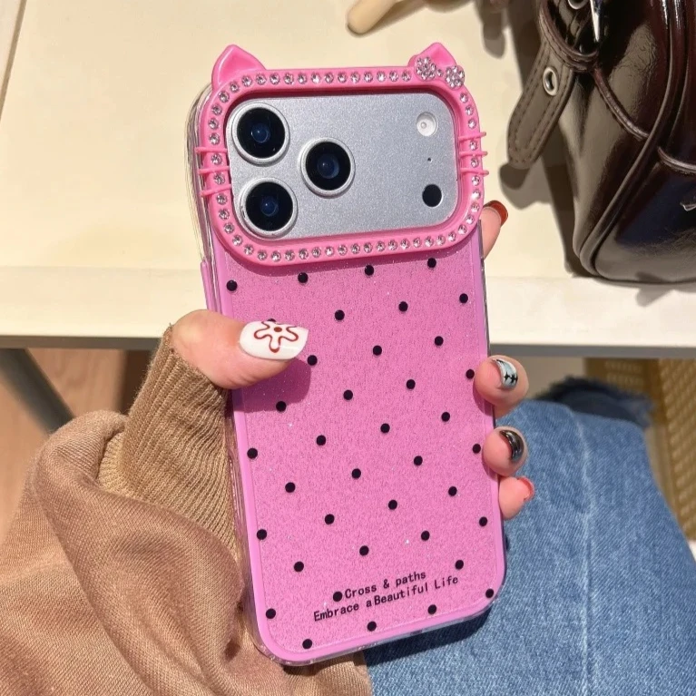 Coque de téléphone tendance à pois 3D avec oreilles de chat et diamants pour iPhone Air 17 16 15 14 Pro Max 13 12 11, coque scintillante amovible 3-en-1