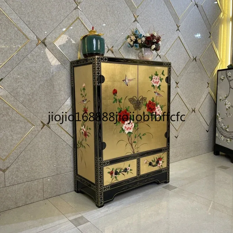 Suitable for  New Chinese hand-painted gold foil door shoe cabinet living room partition decorative storage cabinet