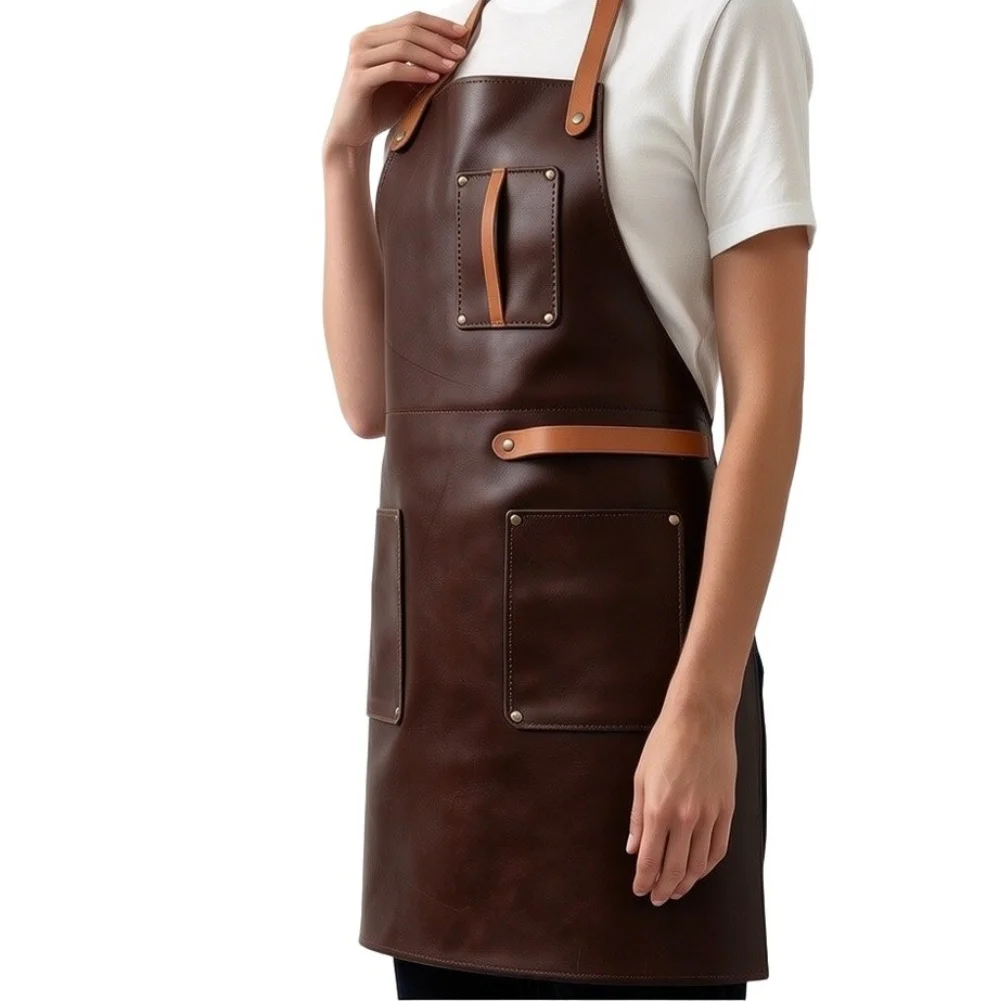 PU leather BBQ apron 86x65cm waterproof and stain resistant 3 pockets brown coffee black for kitchen and grilling purposes