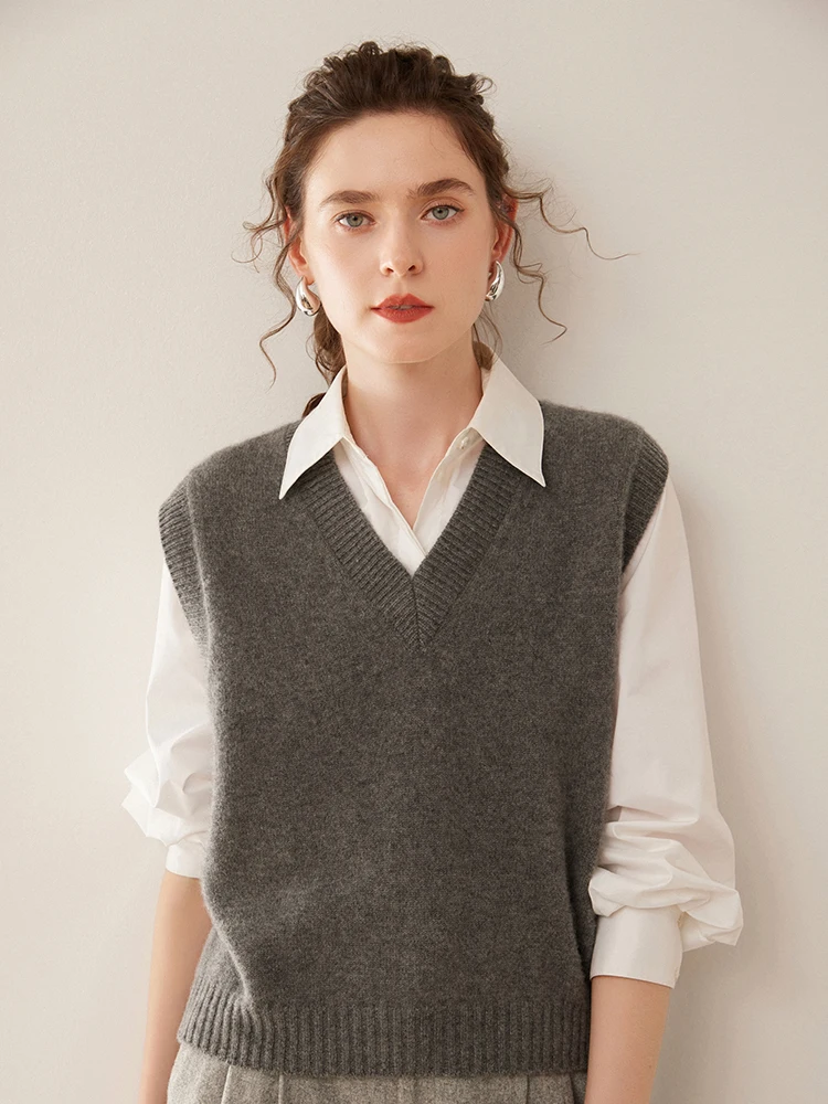 Feminino outono inverno sem mangas com decote em v pulôver colete 100% camisola de caxemira básico macio colete estilo coreano topos