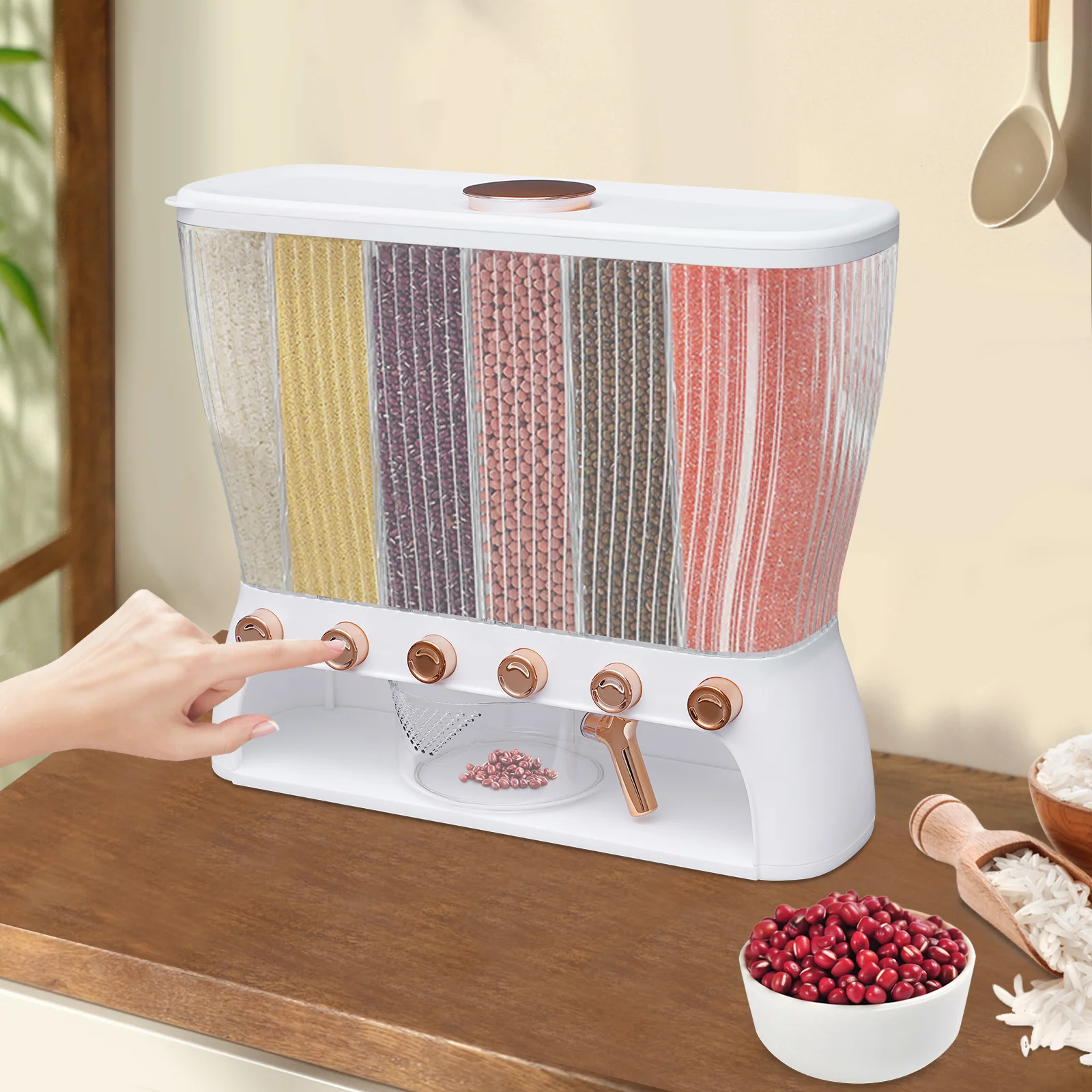 

Wall Mounted 6 Grid Beans Dispenser, Rice Dispenser Kitchen Storage with Measuring Cup for Flour, Sugar, Rice, Cereals, Nuts