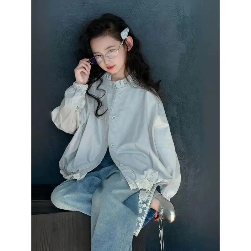 Girls Cardigan Spring 2026 New Lace Patchwork Korean Style Casual Trendy Loose Fit Open Front for Big Kids Daily Wear Outerwear