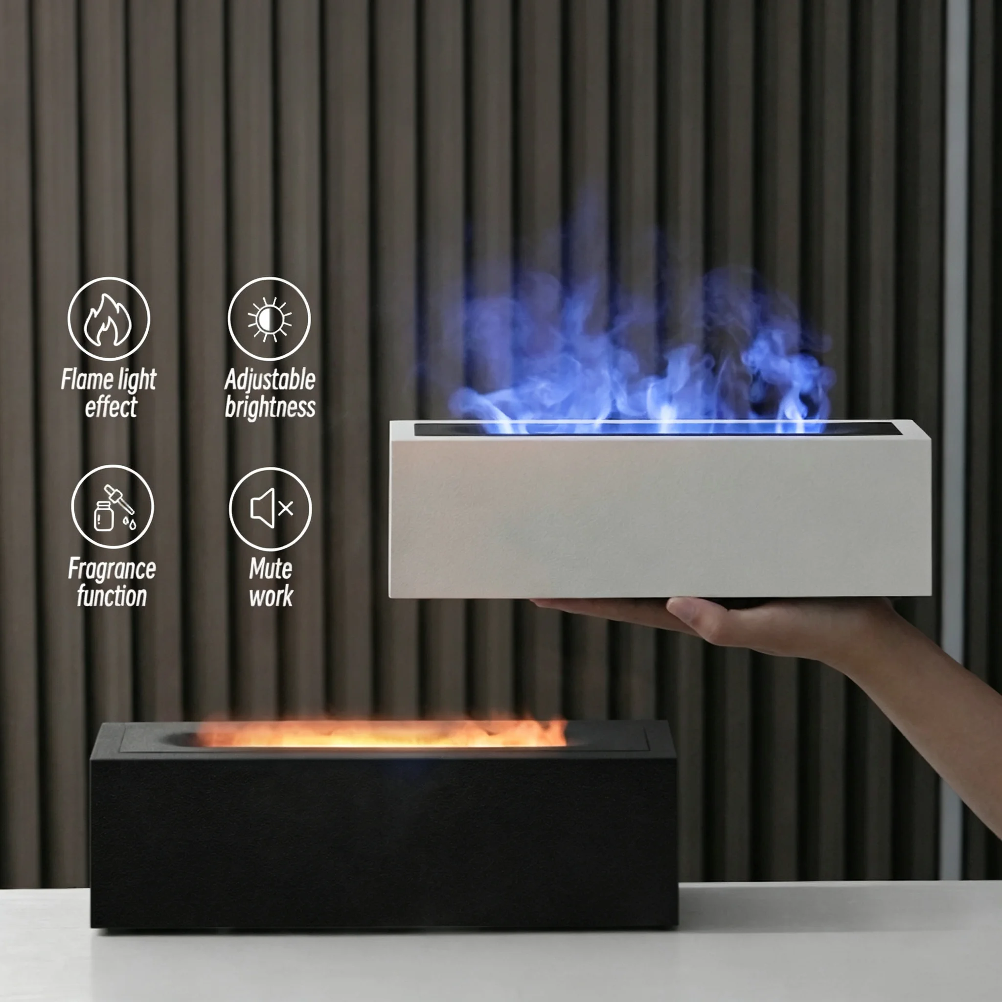 Flame Aroma Diffuser Essential Oil Diffuser with Simulated Flame Light Adjustable Brightness Quiet Ultrasonic Air Freshener