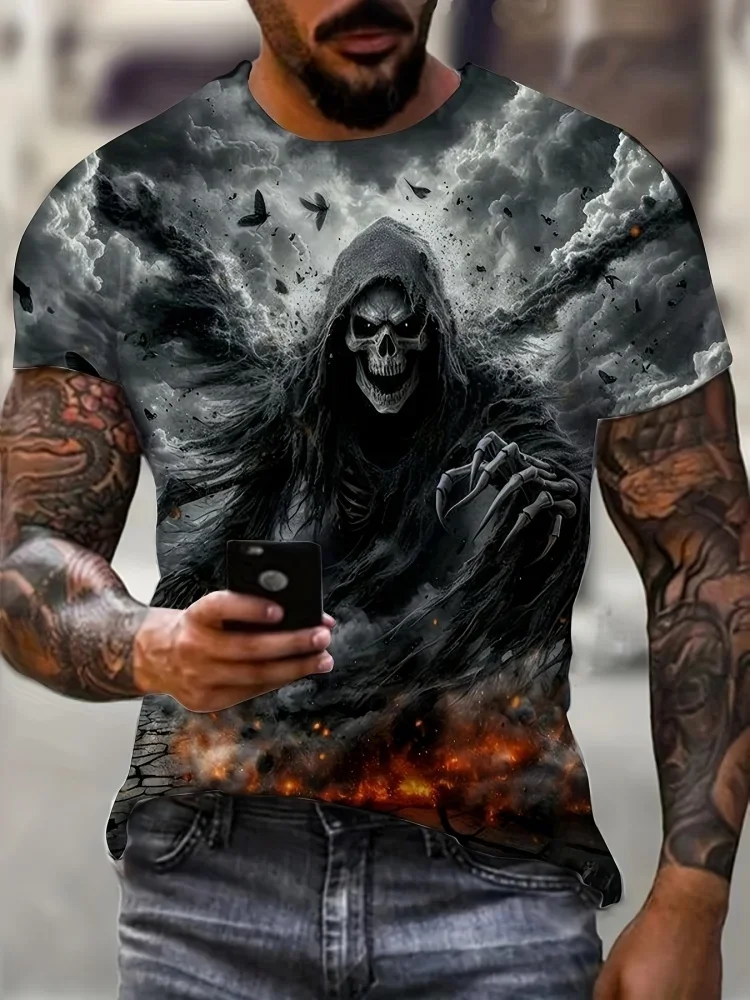 Fashion Grim Reaper Skeleton Wings Fire Cloud Full Print Men T-shirt Gothic Biker Black Casual Crew Neck Short Sleeve Tops