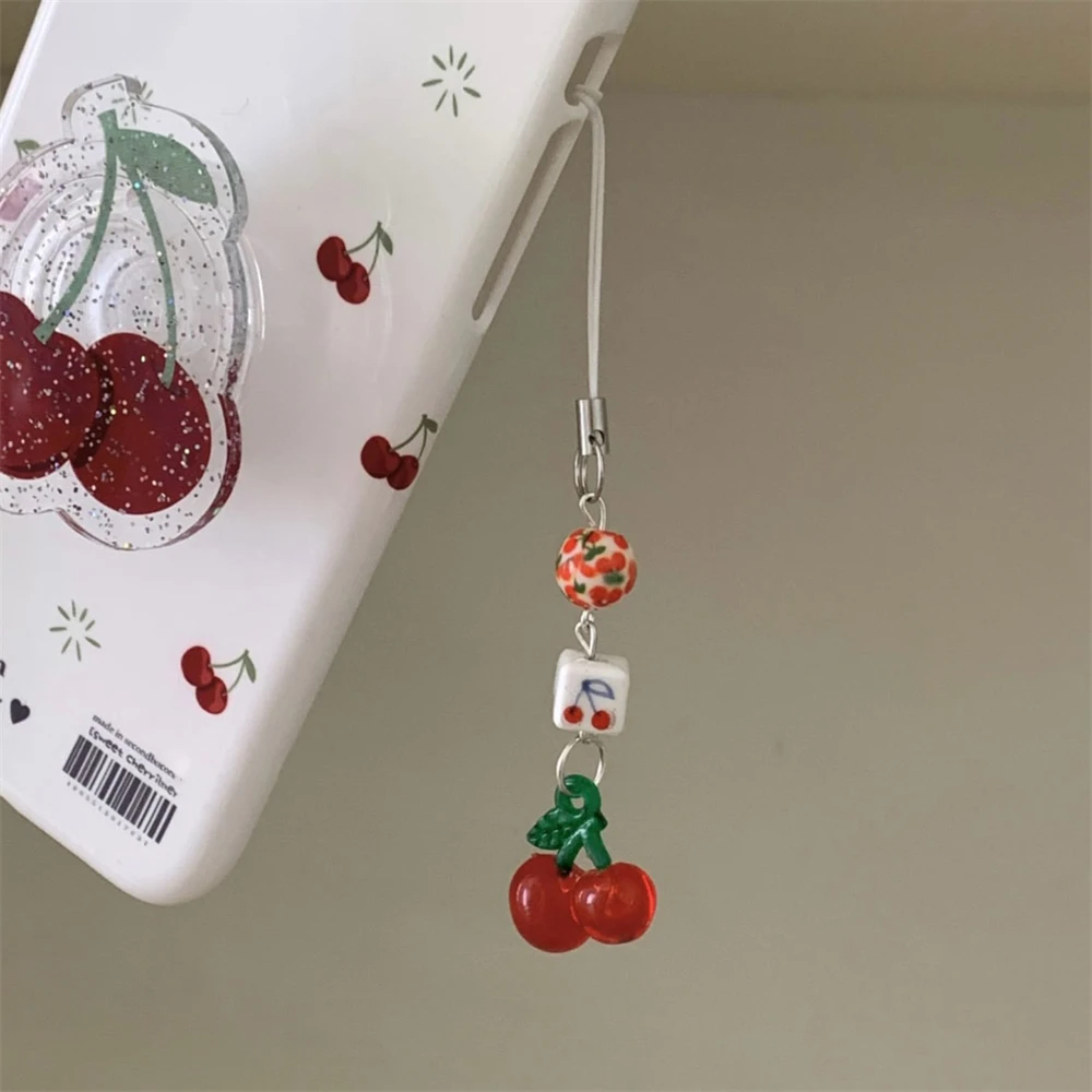 Cute Cherry Phone Charm Pendant Kawaii Key Bag Chain Accessorioes For iPhone Universal Girls Women Jewelry Keyring Hanging Cord