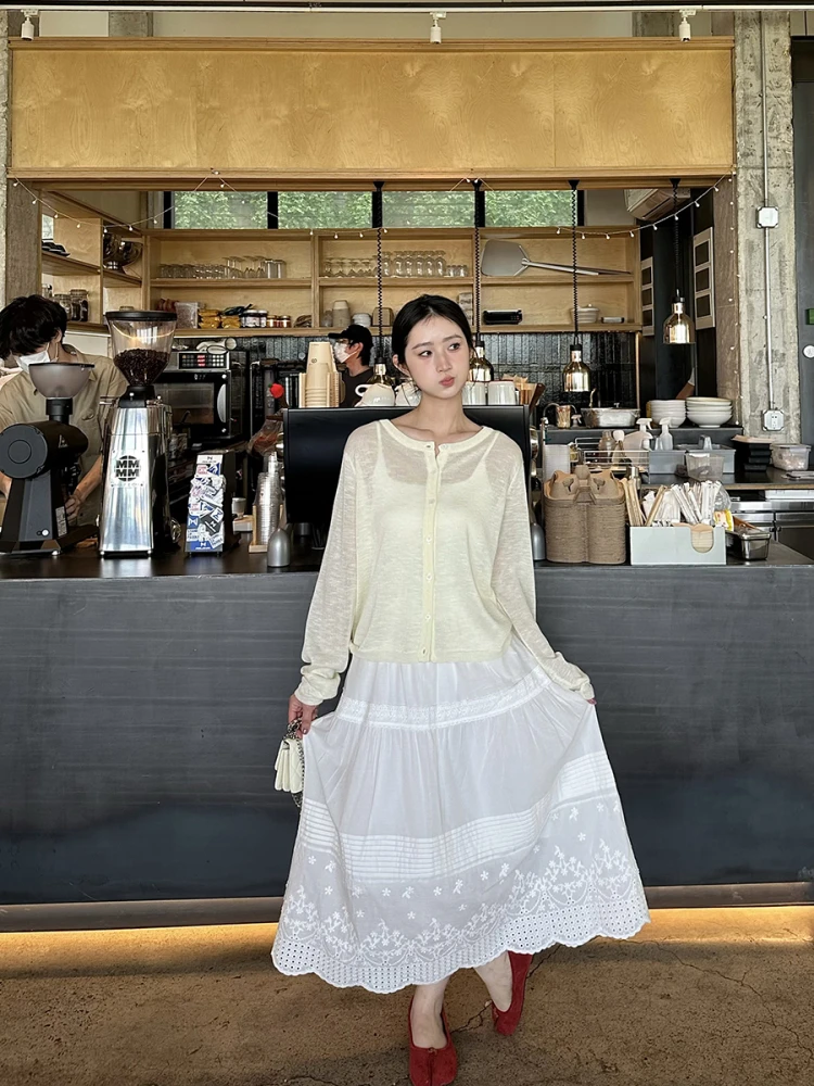 

White Lace Hollow out A-Line Skirt Autumn Fairy Skirt Summer Thin Gauze f-length Skirt Korean Sle High Waist Cotton