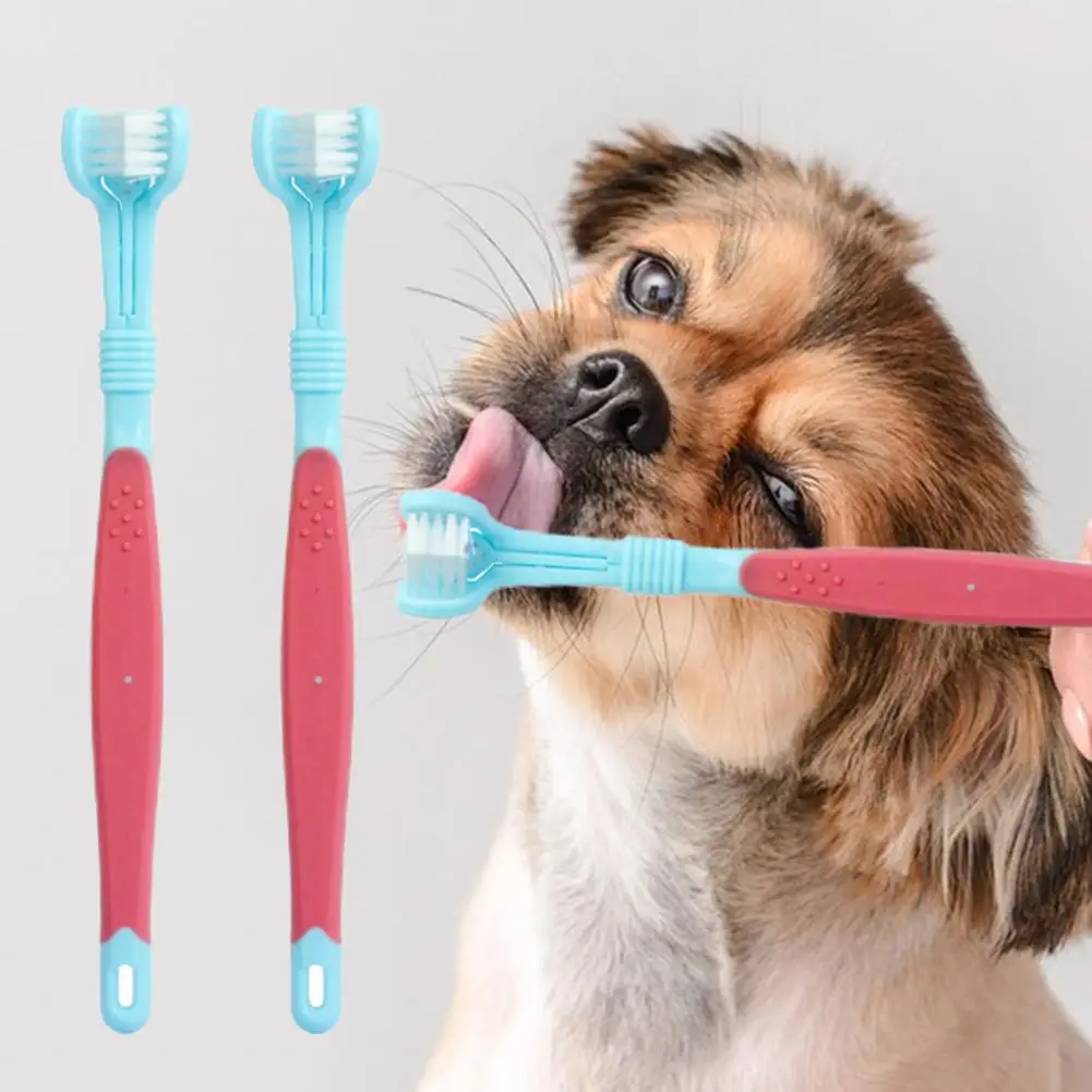 2Pcs Pet Toothbrush Soft Bristles Dental Care Non-Slip Handle Fresh-Breath Plastic Oral Care 3-Sided Dog Toothbrush Pet Supplies