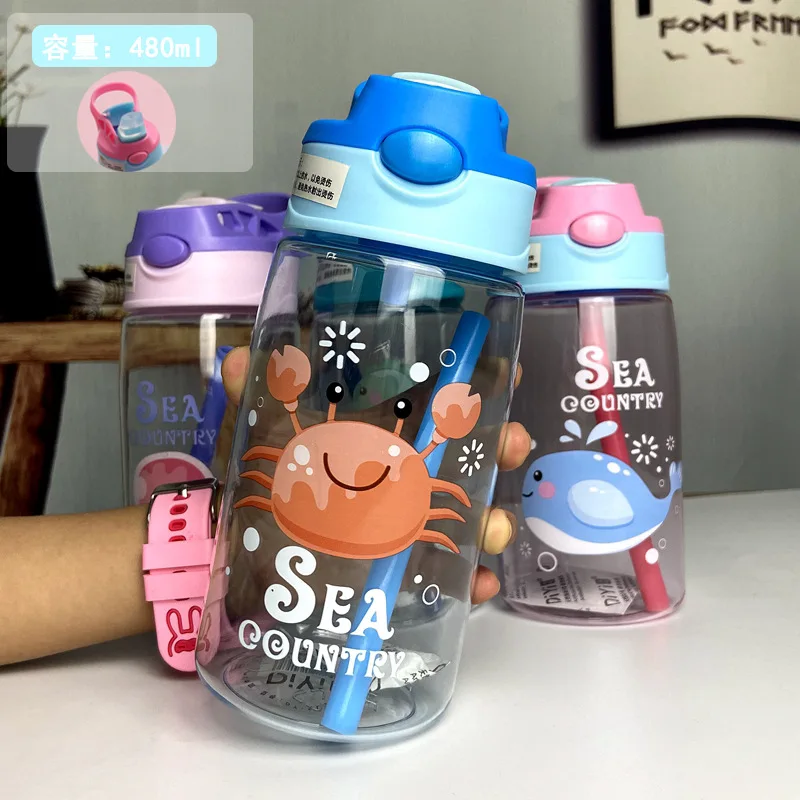 480ML Kids Water Bottle With Straw Drinking Kettle Leak-Proof Bounce Lid Drinking Bottle Straw Water Cup Student Travel Bottle